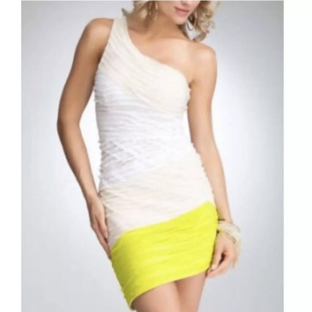 Bebe Chartreuse Ivory Ombré One Shoulder Ruched Ruffle Wiggle Dress XS